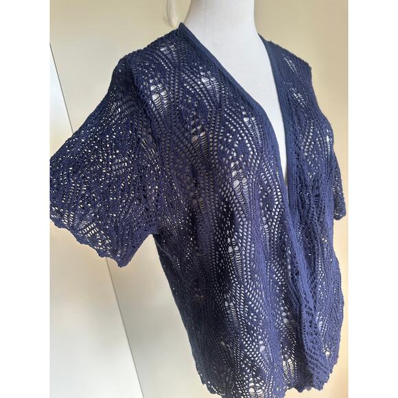 90s Crochet Cardigan Knit Top Blue Size XL BOho Indie Vibes Layering Pieces - Picture 4 of 10